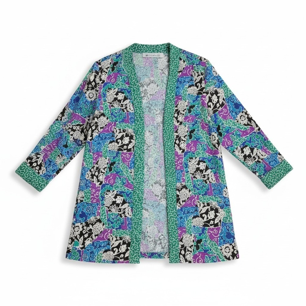 Ms Chaus Womens 8 Open Front Cardigan Jacket Teal Purple Floral Patchwork Print